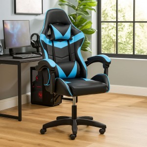 Vista ambientata Sedia gaming in Similpelle colore Azzurro girevole reclinabile ed ergonomica modello Gaming Totò Piccini