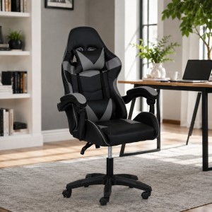 Vista ambientata Sedia gaming in Similpelle colore Grigio girevole reclinabile ed ergonomica modello Gaming Totò Piccini