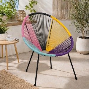Vista ambientata Sedia relax colore multicolore con seduta in corde intrecciate e struttura in metallo modello Pavone Totò Piccinni