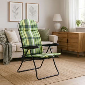 Vista ambientata Poltrona sedia sdraio con prolunga poggiapiedi colore "Struttura Nero - Scozzese Verde/Giallo" modello Giulia Totò Piccinni Made in Italy