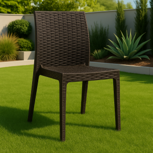 Vista ambientata Sedia senza braccioli in resina simil rattan colore Espresso impilabili modello Selene Totò Piccinni