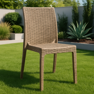 Vista ambientata Sedia senza braccioli in resina simil rattan colore Tortora impilabili modello Selene Totò Piccinni