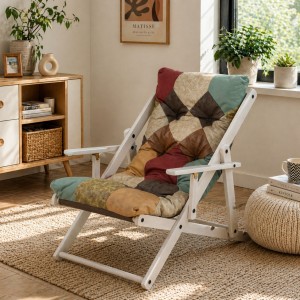 Vista ambientata poltrona sedia sdraio harmony relax in legno pieghevole con 3 posizioni patchwork touch Totò Piccinni