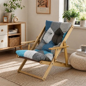 Vista ambientata poltrona sedia sdraio harmony relax in legno pieghevole con 3 posizioni patchwork Moon Totò Piccinni