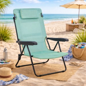 Vista ambientata Sdraio colore "Azzurro/Giallo Melange" con braccioli e cuscino in Textilene modello Marina Totò Piccinni