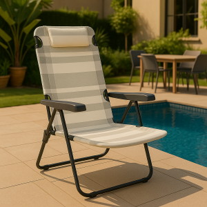 Vista ambientata Sdraio colore "Beige/Grigio" con braccioli e cuscino in Textilene modello Marina Totò Piccinni