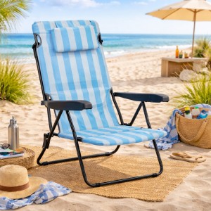 Vista ambientata Sdraio colore "Bianco/Blu" con braccioli e cuscino in Textilene modello Marina Totò Piccinni