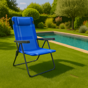 Vista ambientata Sdraio colore "Blu/Grigio" con braccioli e cuscino in Textilene modello Lipbul Totò Piccinni