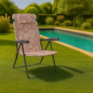 Vista ambientata Sdraio colore "Rosa Floreale" con braccioli e cuscino in Textilene modello Lipbul Totò Piccinni