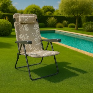 Vista ambientata Sdraio colore "Sabbia Floreale" con braccioli e cuscino in Textilene modello Lipbul Totò Piccinni