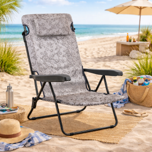 Vista ambientata Sdraio colore Tortora Floreale con braccioli e cuscino in Textilene modello Marina Totò Piccinni