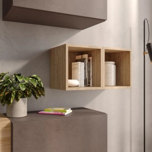 Vista ambientata Set 2 pensili cubo in legno colore rovere cadiz 28x28h modello Modula Totò Piccinni
