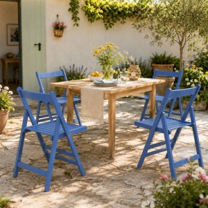 Vista ambientata set 4 sedie in legno di alta qualità pieghevoli colore Blu Totò Piccinni