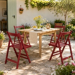 Vista ambientata set 4 sedie in legno di alta qualità pieghevoli colore Ciliegio Granata Totò Piccinni