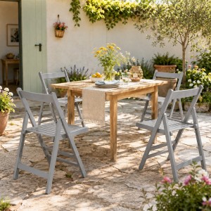 Vista ambientata set 4 sedie in legno di alta qualità pieghevoli colore Grigio Totò Piccinni