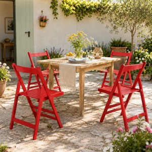 Vista ambientata set 4 sedie in legno di alta qualità pieghevoli colore Rosso Totò Piccinni