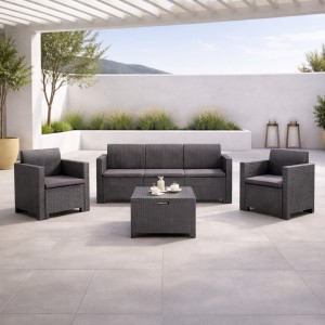 Vista ambientata salottino da giardino in poliporpilene 5 posti colore "antracite" modello nebraska Totò Piccinni