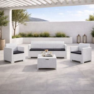 Vista ambientata Set salottino da giardino 5 posti colore Bianco divano, 2 poltrone e tavolino modello Nebraska Totò Piccinni