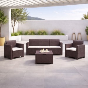 Vista ambientata Set salottino da giardino 5 posti colore Marrone divano, 2 poltrone e tavolino modello Nebraska Totò Piccinni