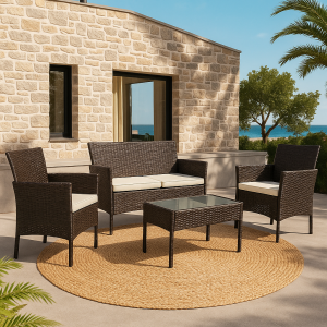 Set Praga | Salottino in PolyRattan con Cuscini (Marrone)