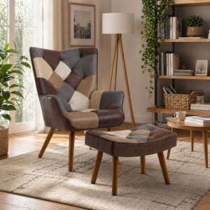 Vista ambientata Poltrona con sgabello colore Patchwork Touch con gambe in legno modello Siesta Totò Piccinni