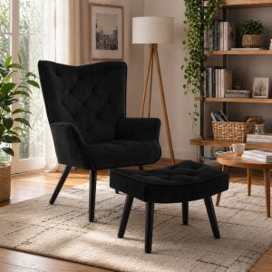 Vista ambientata Poltrona con sgabello colore Velluto Nero con gambe in legno modello Siesta Totò Piccinni