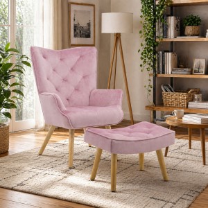 Vista ambientata Poltrona con sgabello colore Velluto Rosa con gambe in legno modello Siesta Totò Piccinni