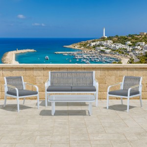 Vista ambientata salottino da giardino in alluminio e corda colore Bianco/Grigio modello Leuca Totò Piccinni