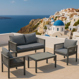 Set da giardino in alluminio e corda con cuscini - MYKONOS (Grigio Piano in Polywood)