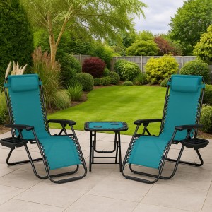 Vista ambientata Set bistrot 2 sedie sdraio e tavolino in textilene colore Petrolio modello Gravity Totò Piccinni