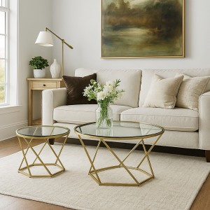 Vista ambientata set 2 tavolini da salotto con piano in vetro e struttura in metallo