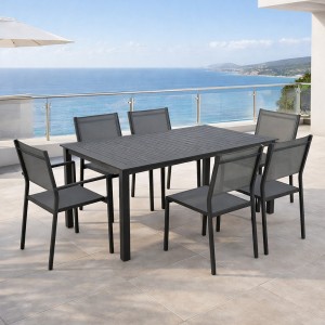 set pranzo con tavolo allungabile 160/240 in alluminio con 4 sedie senza braccioli e 2 con braccioli modello Linosa Totò Piccinni