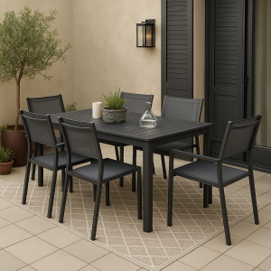 Vista ambientata Set pranzo tavolo allungabile 160/240 in alluminio colore Antracite con 4 sedie senza braccioli e 2 con braccioli modello Linosa Totò Piccinni