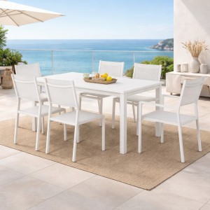 Vista ambientata Set pranzo tavolo allungabile 160/240 in alluminio colore Bianco con 4 sedie senza braccioli e 2 con braccioli modello Linosa Totò Piccinni