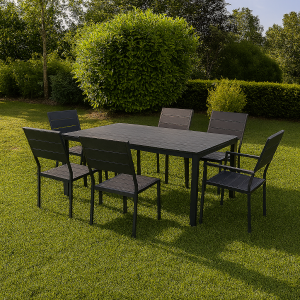 Vista ambientata set pranzo tavolo messico 158x78 con 4 sedie senza braccioli, 2 con braccioli messico con struttura in metallo e polietilene effetto legno colore ardesia