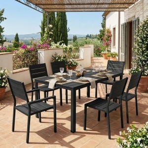 set pranzo tavolo messico 158x78 con 4 sedie senza braccioli, 2 con braccioli messico con struttura in metallo e polietilene effetto legno colore nero