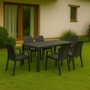 Ambientata set pranzo tavolo huston 150x90 con 6 sedie indiana con braccioli in polipropilene 