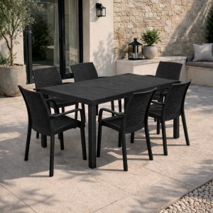 Ambientata set pranzo tavolo huston 150x90 con 6 sedie indiana con braccioli in polipropilene 