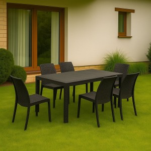 Vista ambientata set pranzo tavolo huston 150x90 con 6 sedie senza braccioli virginia in polipropilene colore antracite