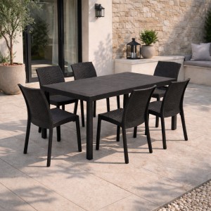 Ambientata set pranzo tavolo huston 150x90 con 6 sedie senza braccioli virginia in polipropilene