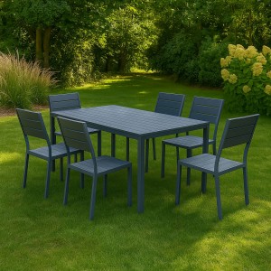 Vista ambientata set pranzo tavolo messico 158x78 con 6 sedie senza braccioli messico con struttura in metallo e polietilene effetto legno colore ardesia