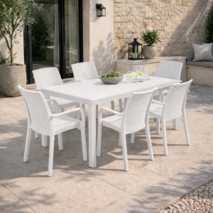 Vista ambientata set pranzo tavolo houston 150x90 con 6 sedie indiana con braccioli in polipropilene colore bianco