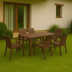 Vista ambientata set pranzo tavolo houston 150x90 con 6 sedie indiana con braccioli in polipropilene colore marrone Totò Piccinni