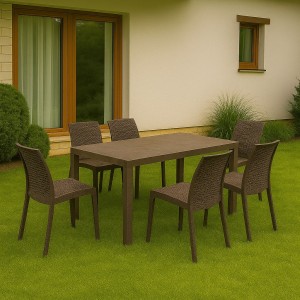 Vista ambientata set pranzo tavolo houston 150x90 con 6 sedie senza braccioli virginia in polipropilene colore marrone