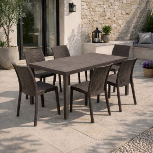 Vista ambientata set pranzo tavolo houston 150x90 con 6 sedie senza braccioli virginia in polipropilene colore marrone