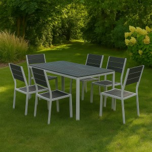 Vista ambientata set pranzo tavolo messico 158x78 con 6 sedie senza braccioli messico con struttura in metallo e polietilene effetto legno colore grafite