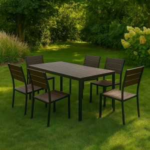 Vista ambientata set pranzo tavolo messico 158x78 con 6 sedie senza braccioli messico con struttura in metallo e polietilene effetto legno colore marrone