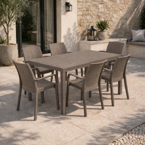 Vista ambientata set pranzo tavolo houston 150x90 con 6 sedie indiana con braccioli in polipropilene colore tortora