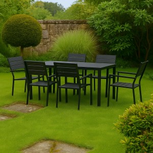 Vista ambientata set pranzo tavolo messico 158x78 con 6 sedie con braccioli messico con struttura in metallo e polietilene effetto legno