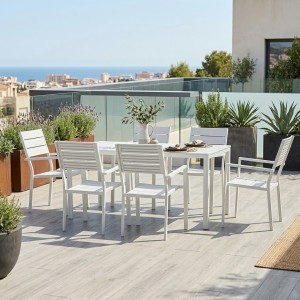 Vista ambientata set pranzo tavolo messico 158x78 con 6 sedie con braccioli messico struttura in metallo e polietilene effetto legno colore bianco